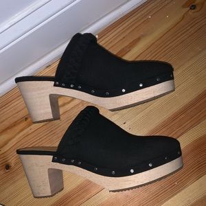 J. Crew black Sueded Clogs with braided trim , size 10